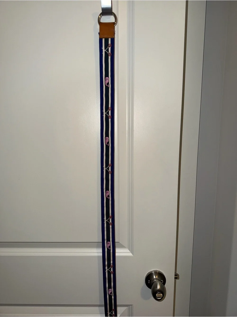 Vineyard Vines Navy and Pink  Lacrosse Striped Belt with Leather Trim